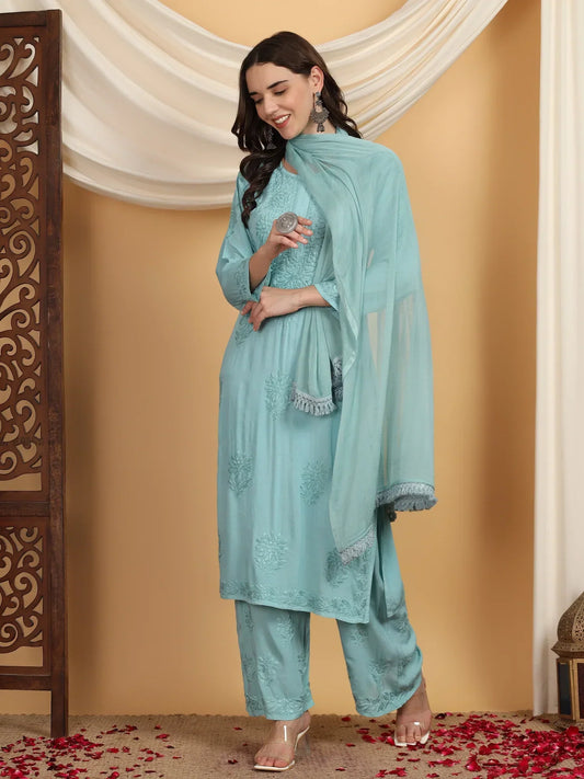 Farha Chikankari Premium Modal Co-ord Set (Pastel Green)
