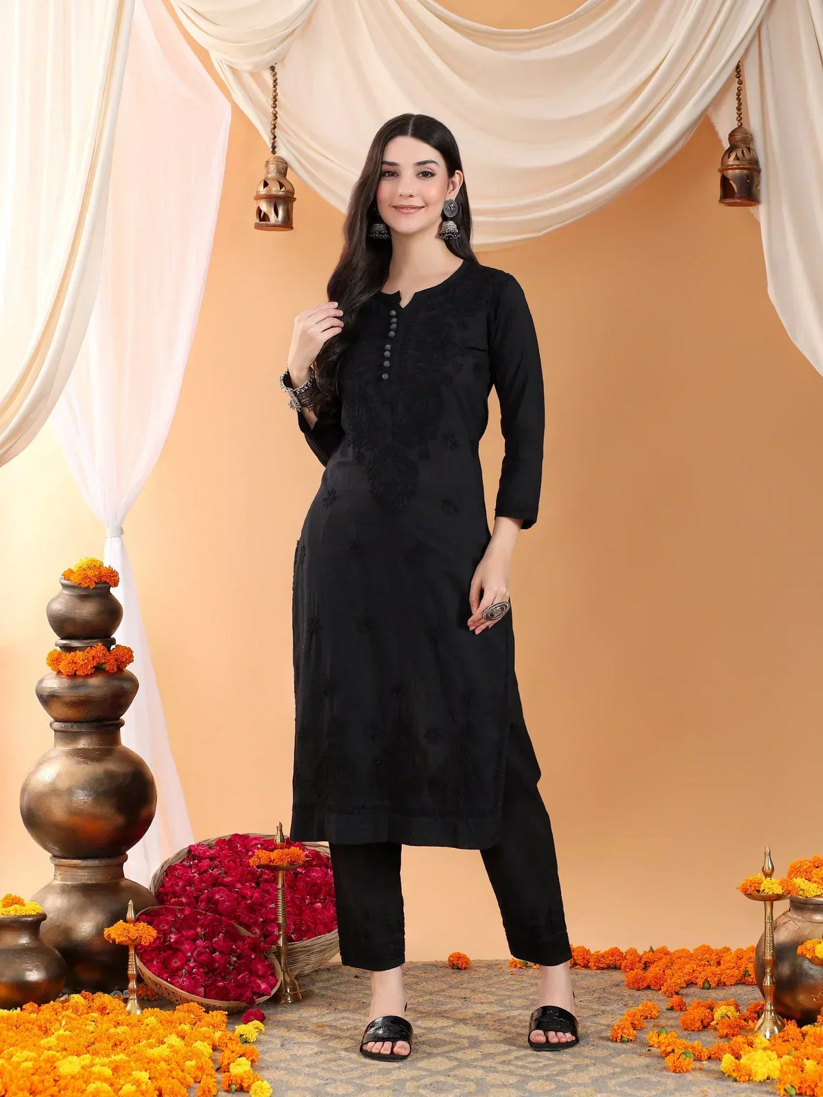 Ananya Chikankari Kurta Pant Cotton Co-ord Set (Black)