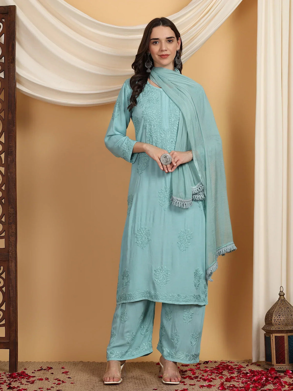 Farha Chikankari Premium Modal Co-ord Set (Pastel Green)