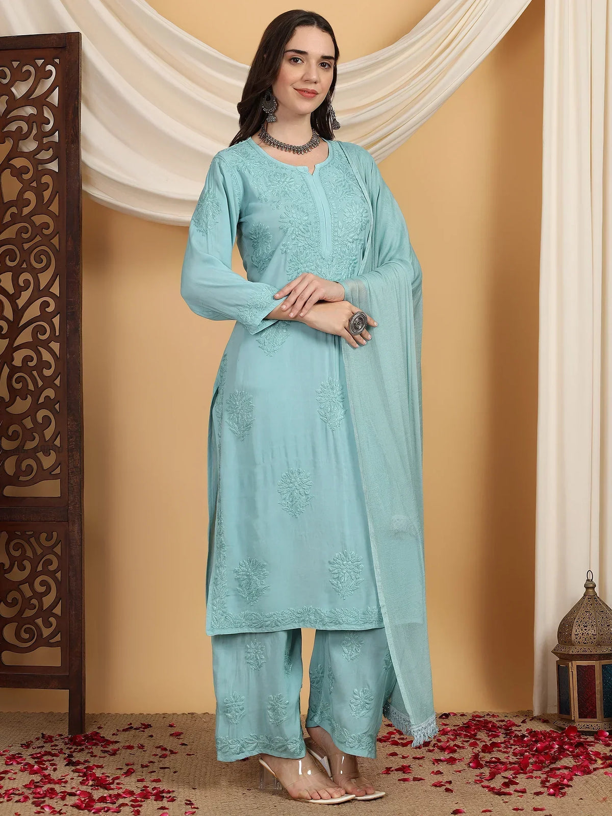Farha Chikankari Premium Modal Co-ord Set (Pastel Green)
