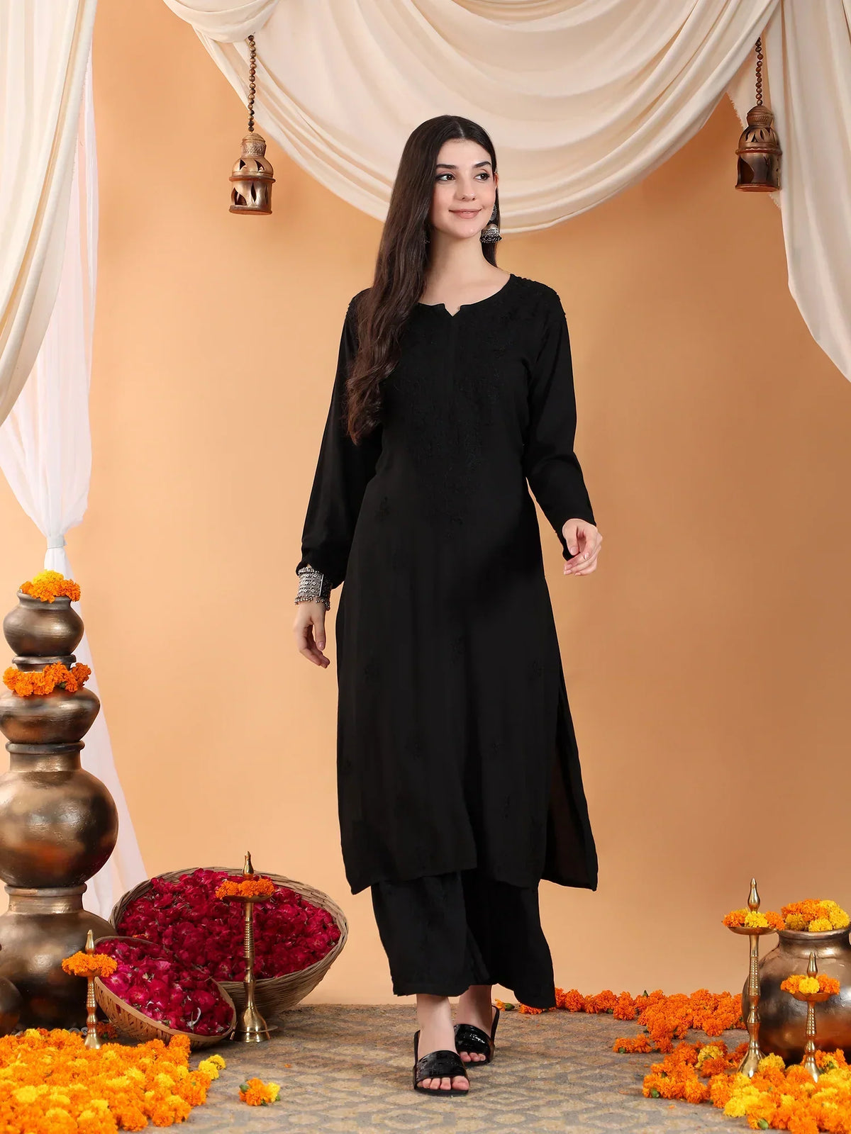 Maryam Chikankari Rayon Co-ord Set (Black)
