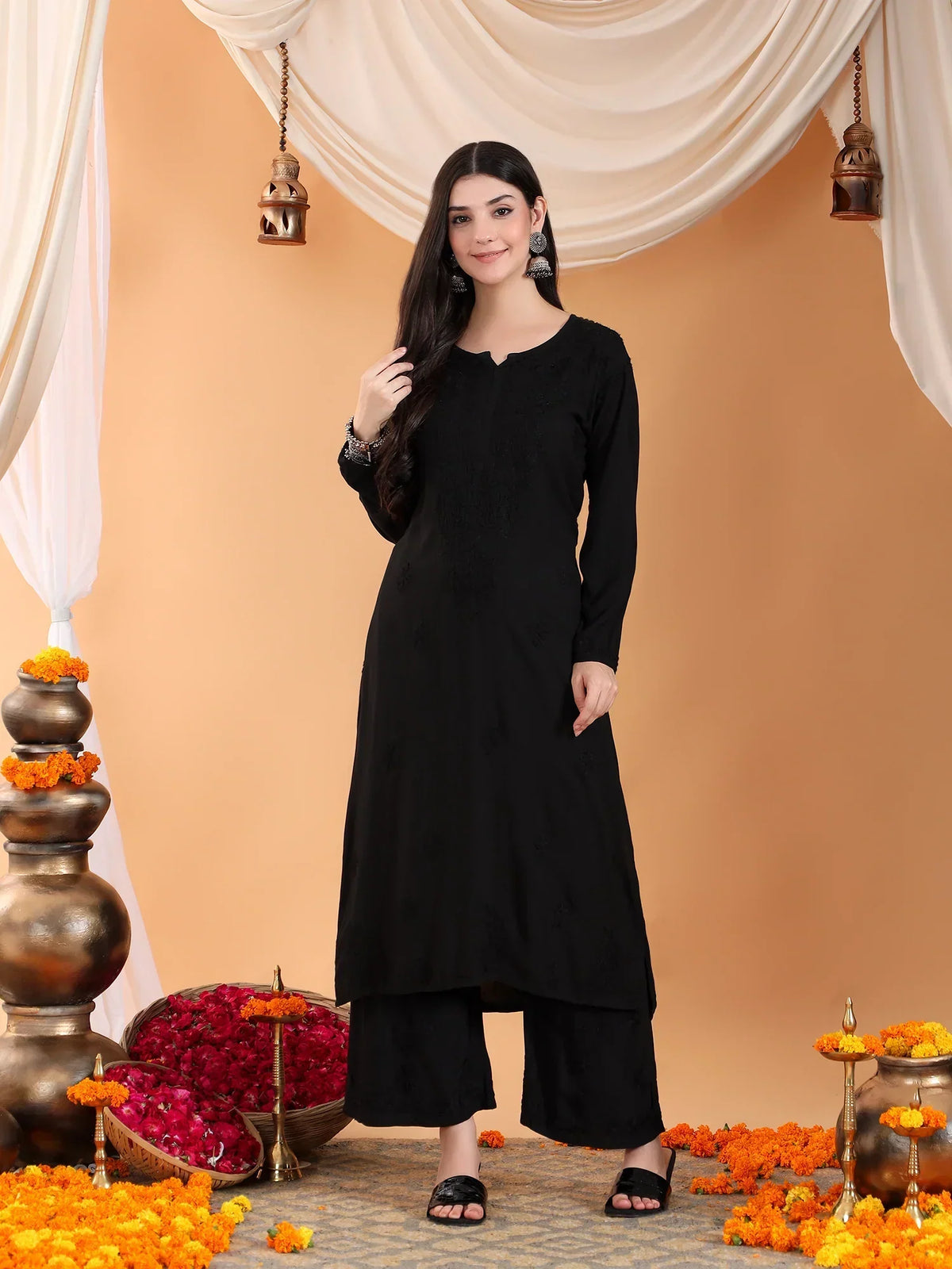 Maryam Chikankari Rayon Co-ord Set (Black)