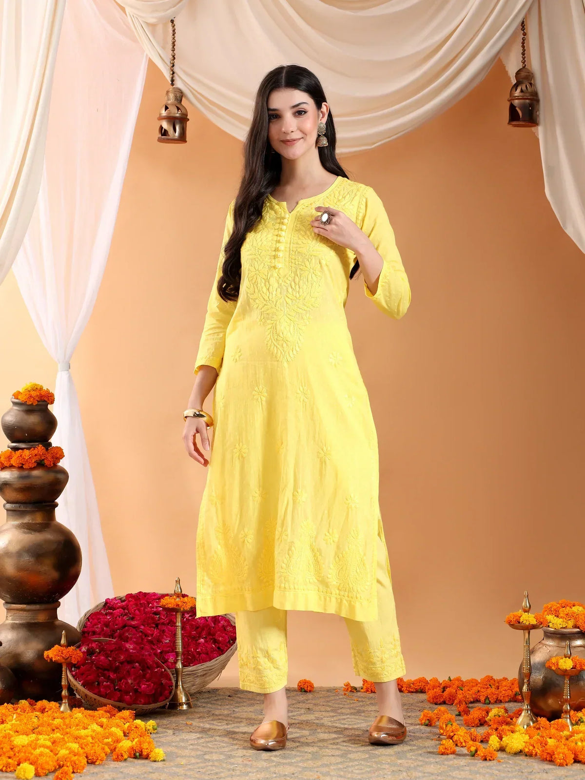 Ananya Chikankari Kurta Pant Cotton Co-ord Set (Yellow)