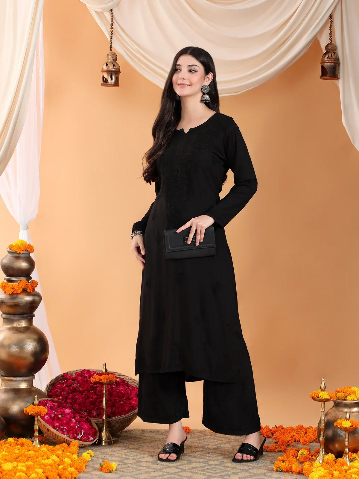 Maryam Chikankari Rayon Co-ord Set (Black)