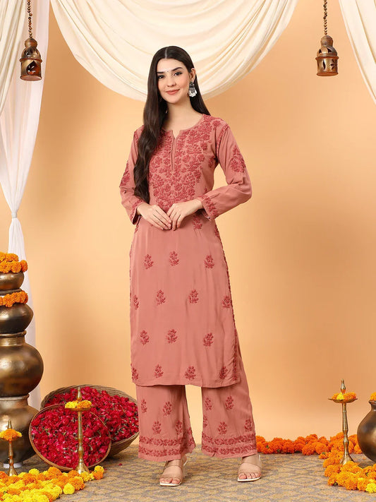 Faiza Chikankari Rayon Co-ord Set (Nude Coral)