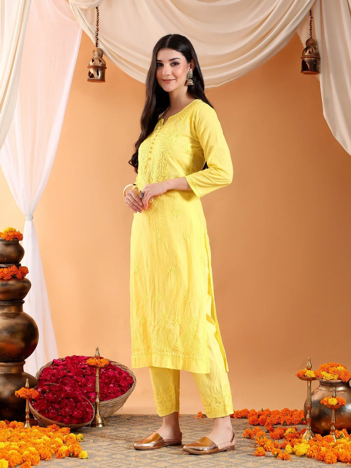 Ananya Chikankari Kurta Pant Cotton Co-ord Set (Yellow)