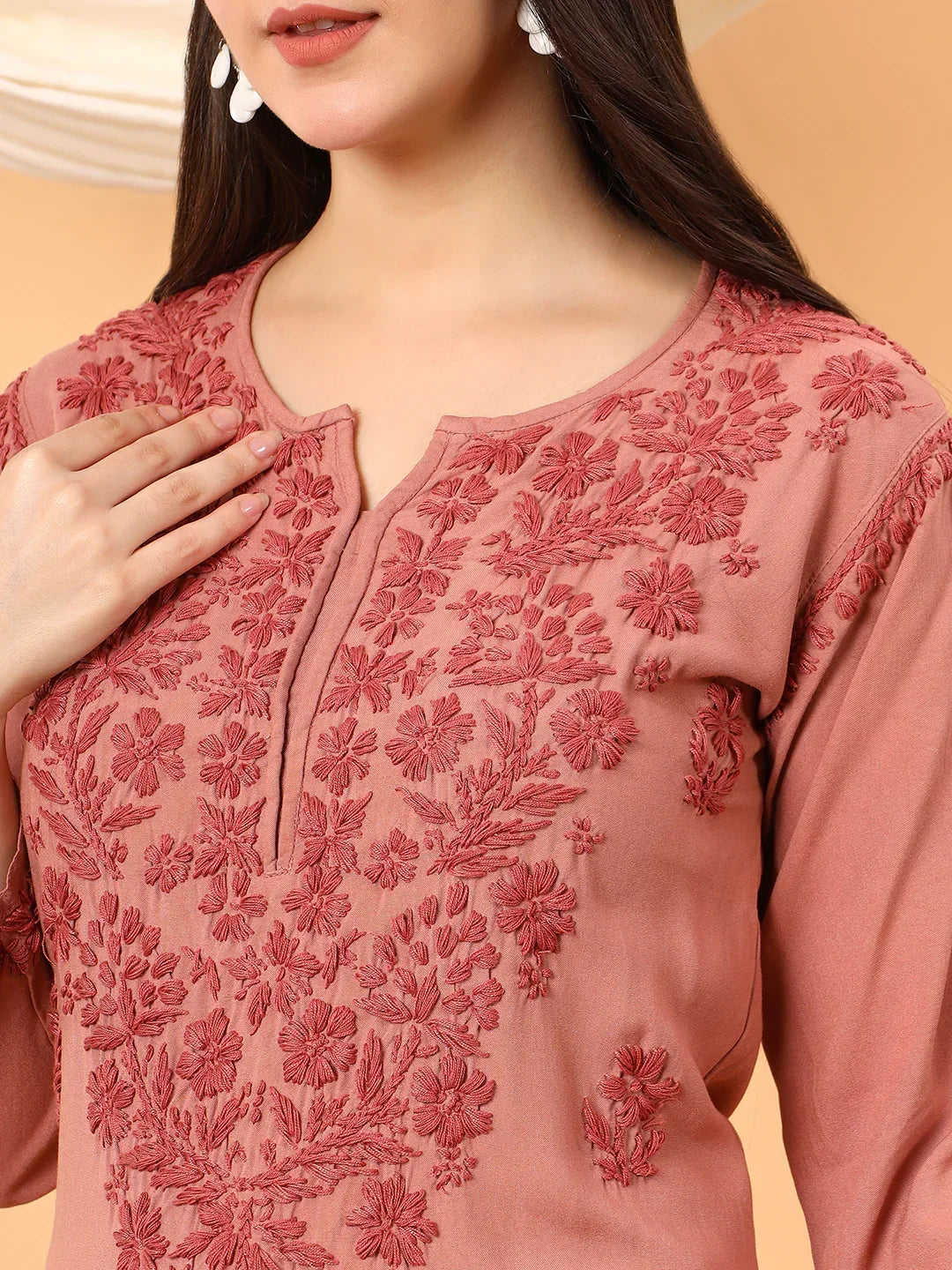 Faiza Chikankari Rayon Co-ord Set (Nude Coral)