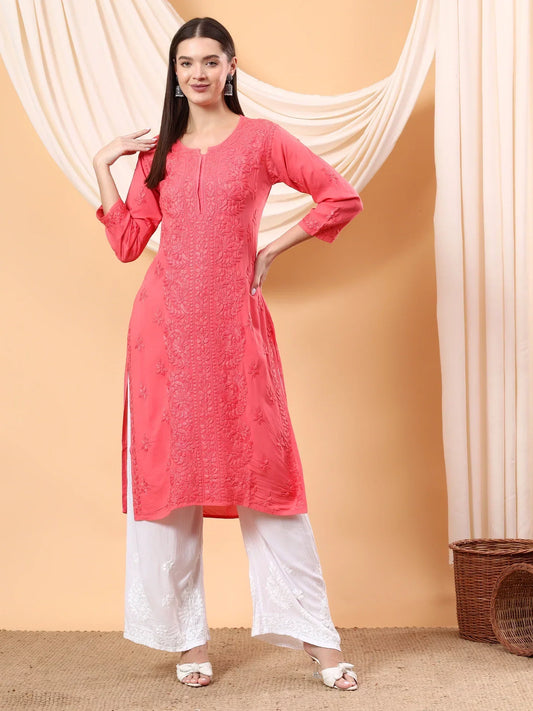 Alina Chikankari Modal Straight Kurta (Coral)