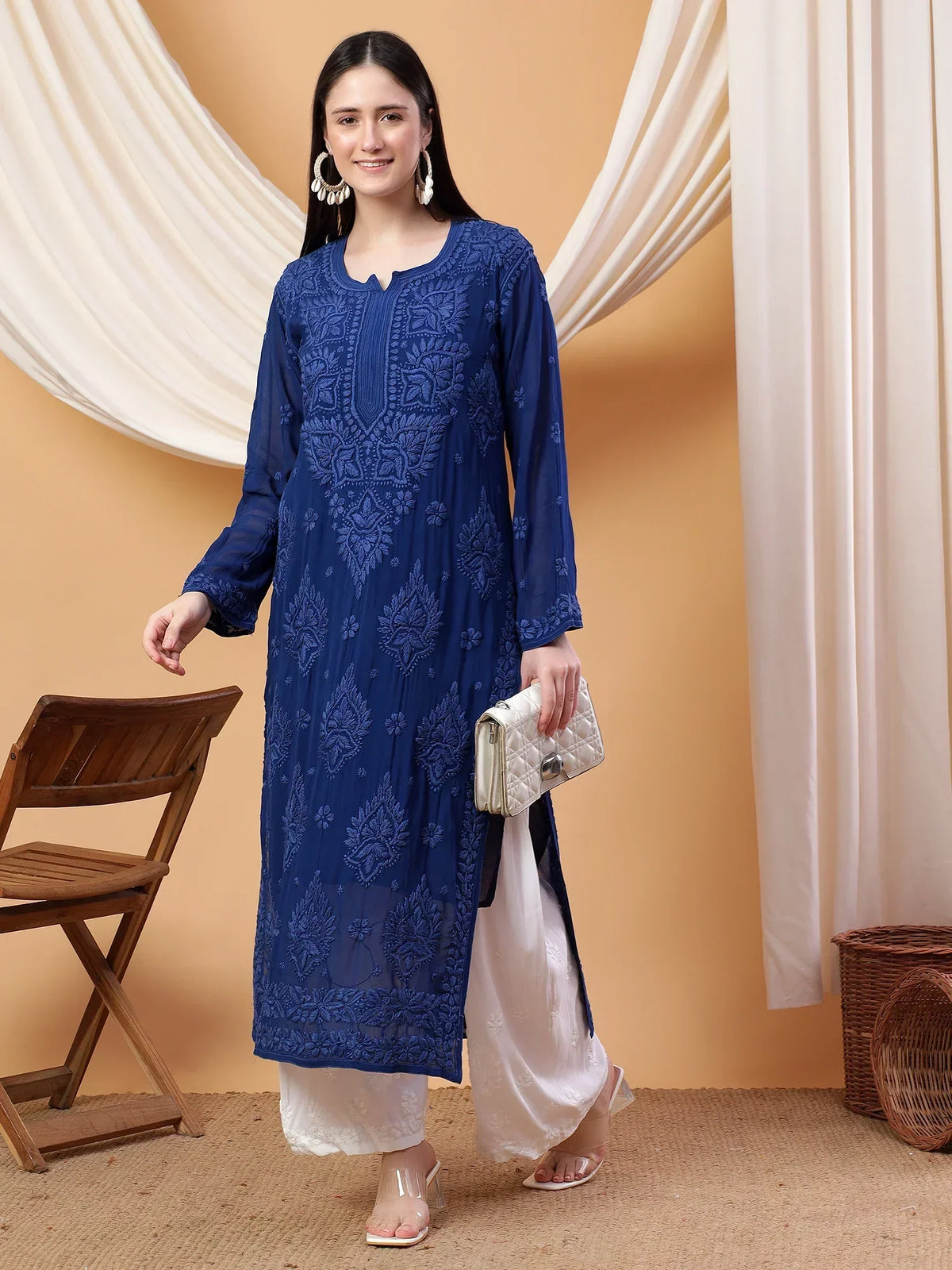 Dua Premium Viscose 3D Chikankari Straight Kurta (Navy)