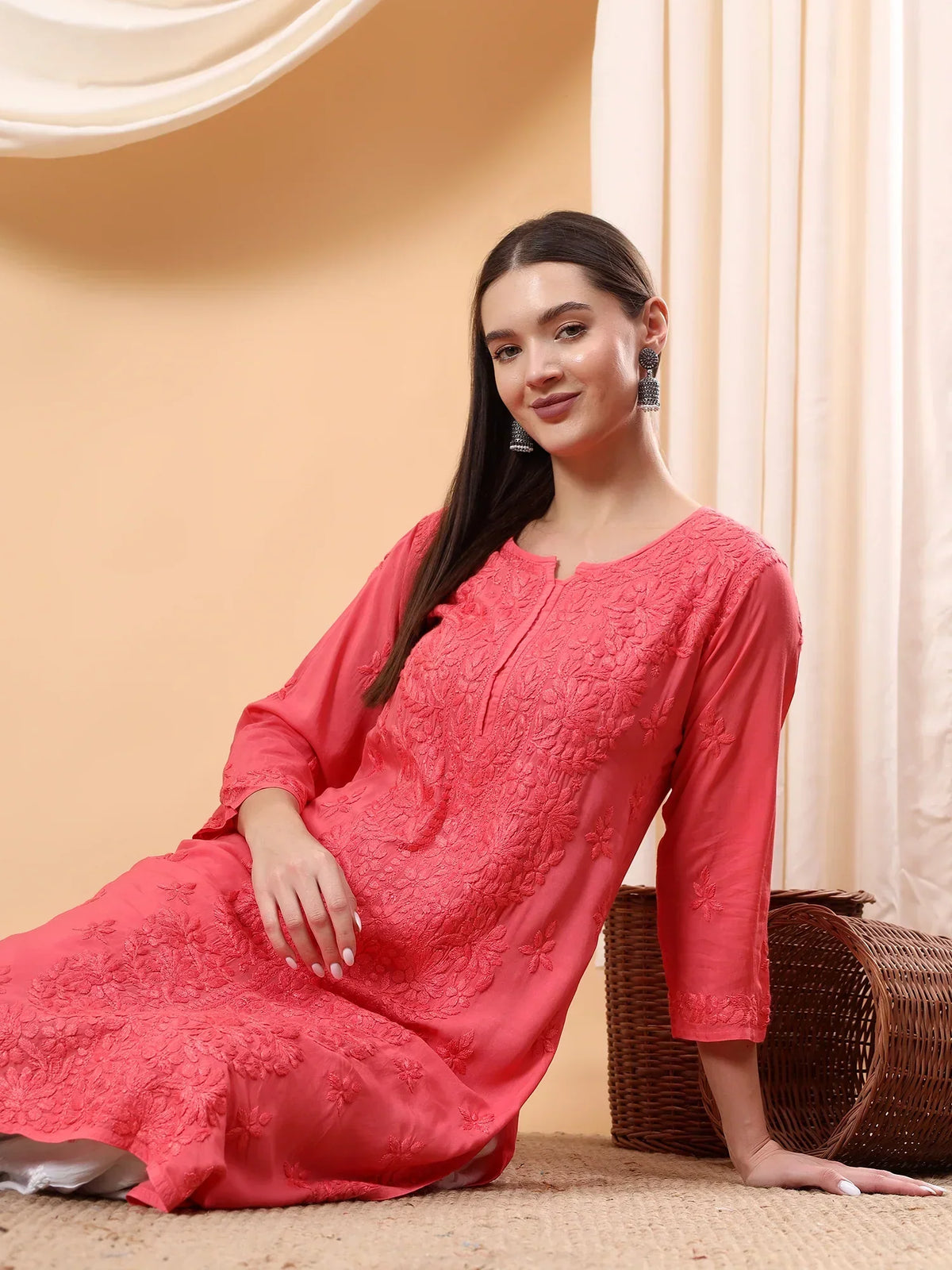 Alina Chikankari Modal Straight Kurta (Coral)