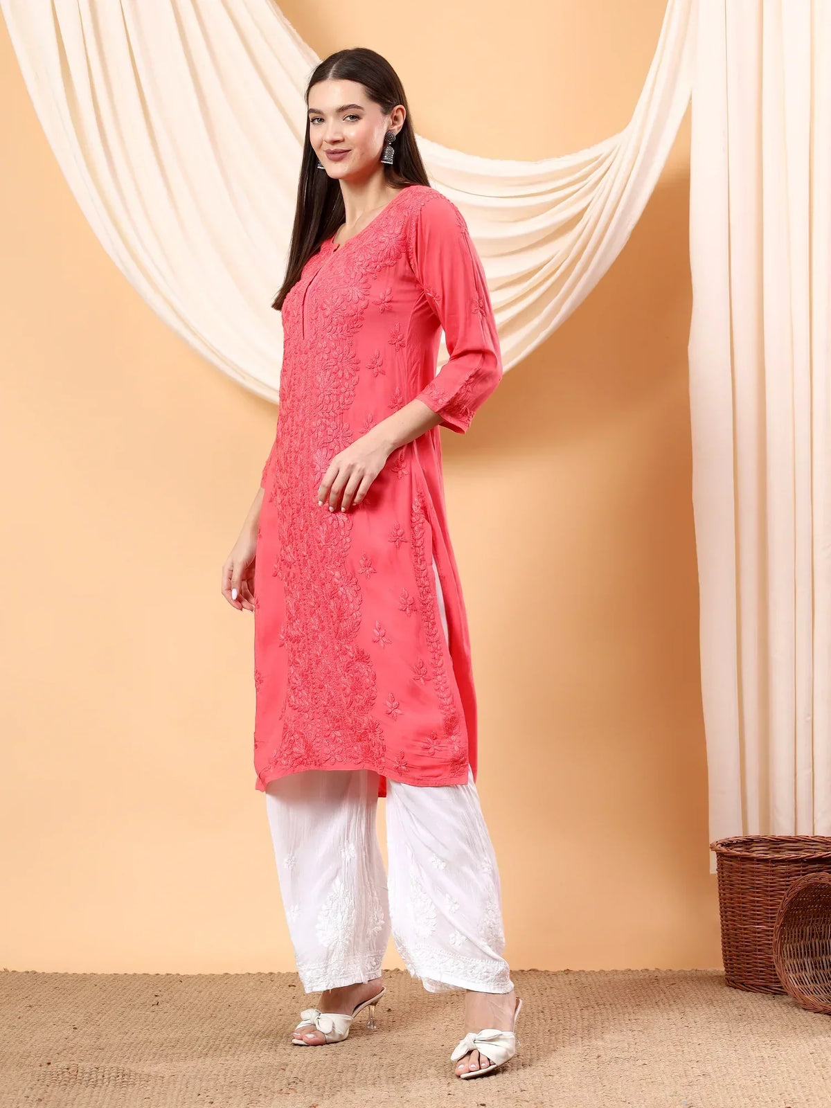 Alina Chikankari Modal Straight Kurta (Coral)
