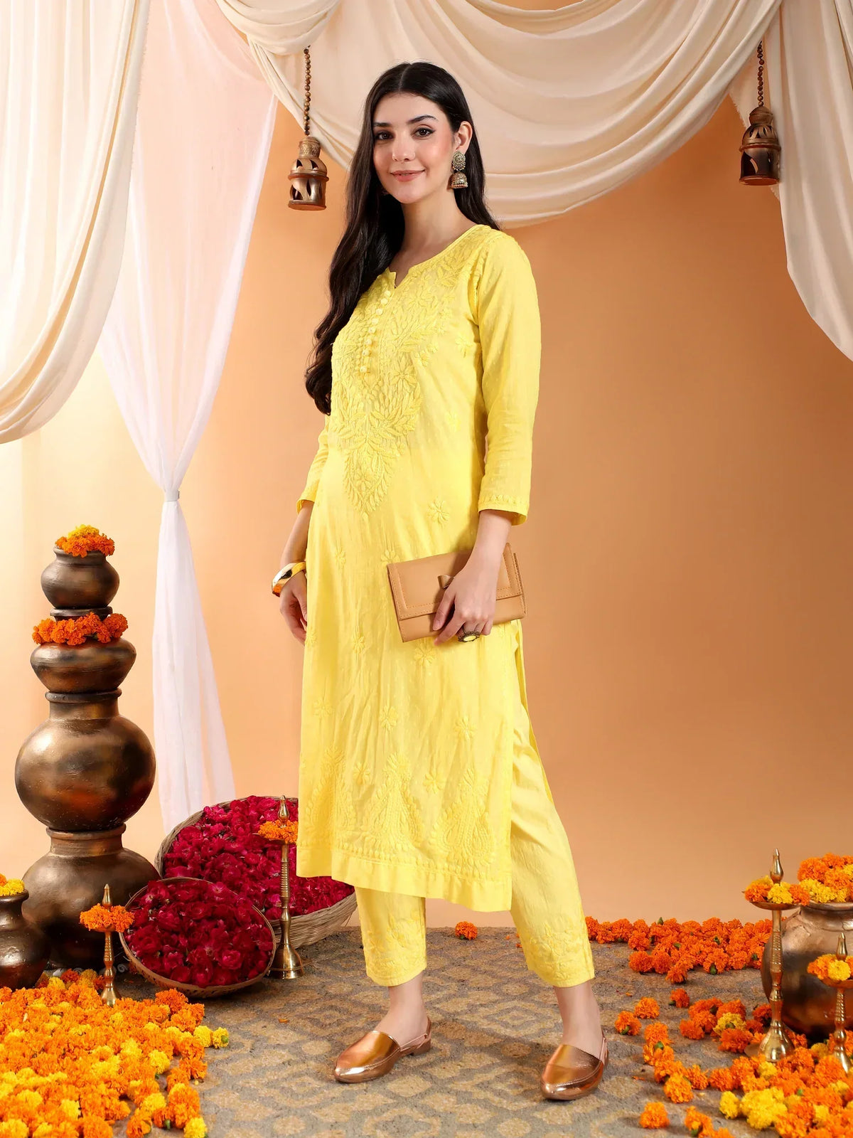 Ananya Chikankari Kurta Pant Cotton Co-ord Set (Yellow)