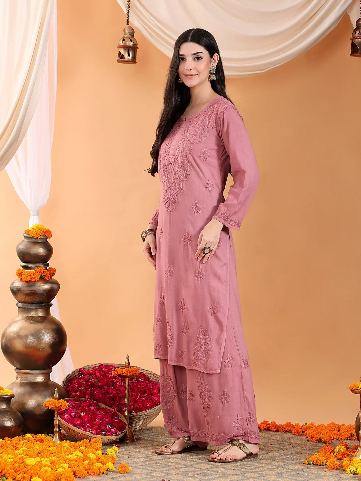 Maryam Chikankari Rayon Co-ord Set (Nude Coral)