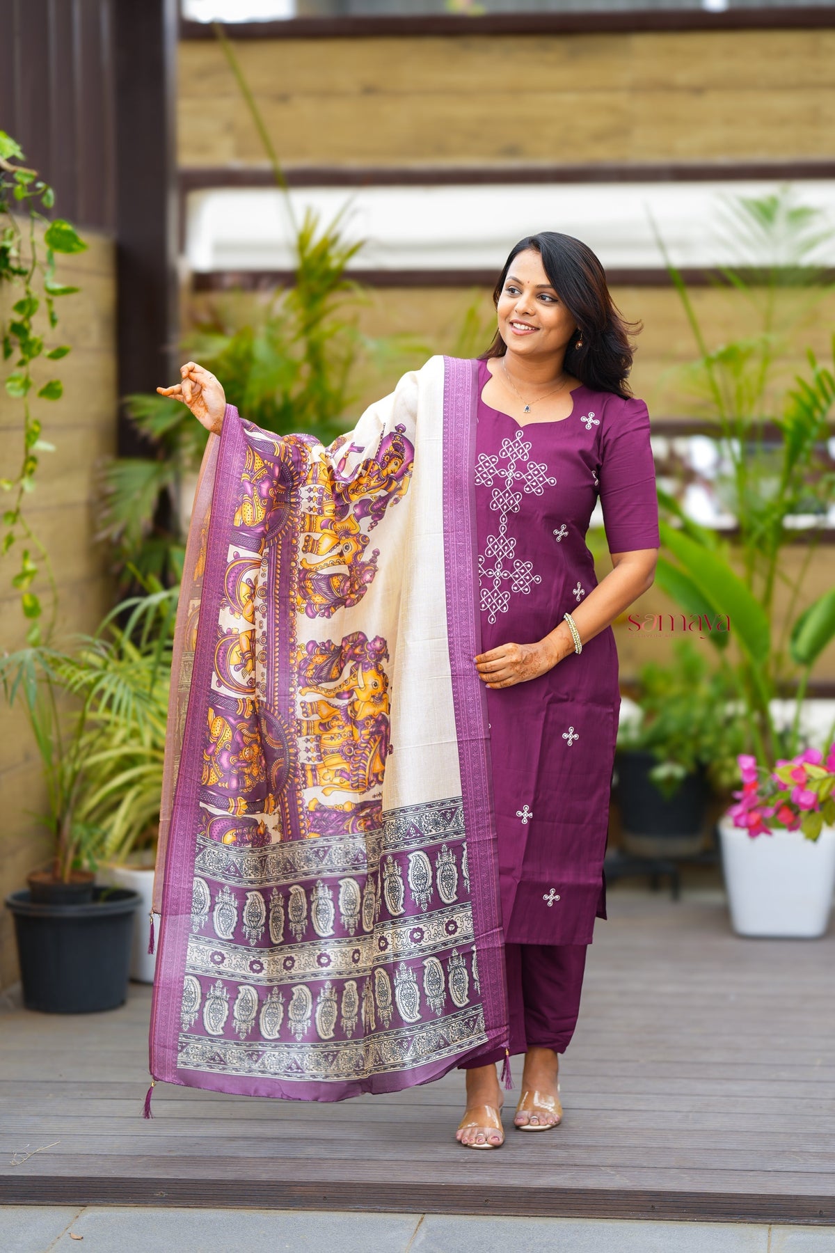 Saanvi -Purple Kolam 3 piece salwar suit set with kalamkari printed dupatta