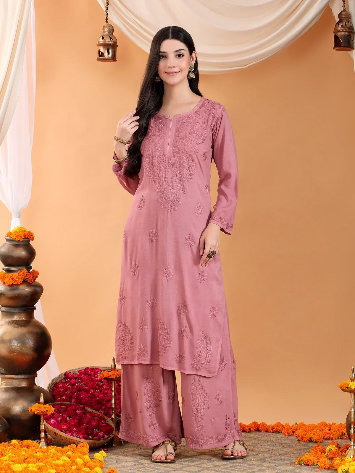 Maryam Chikankari Rayon Co-ord Set (Nude Coral)