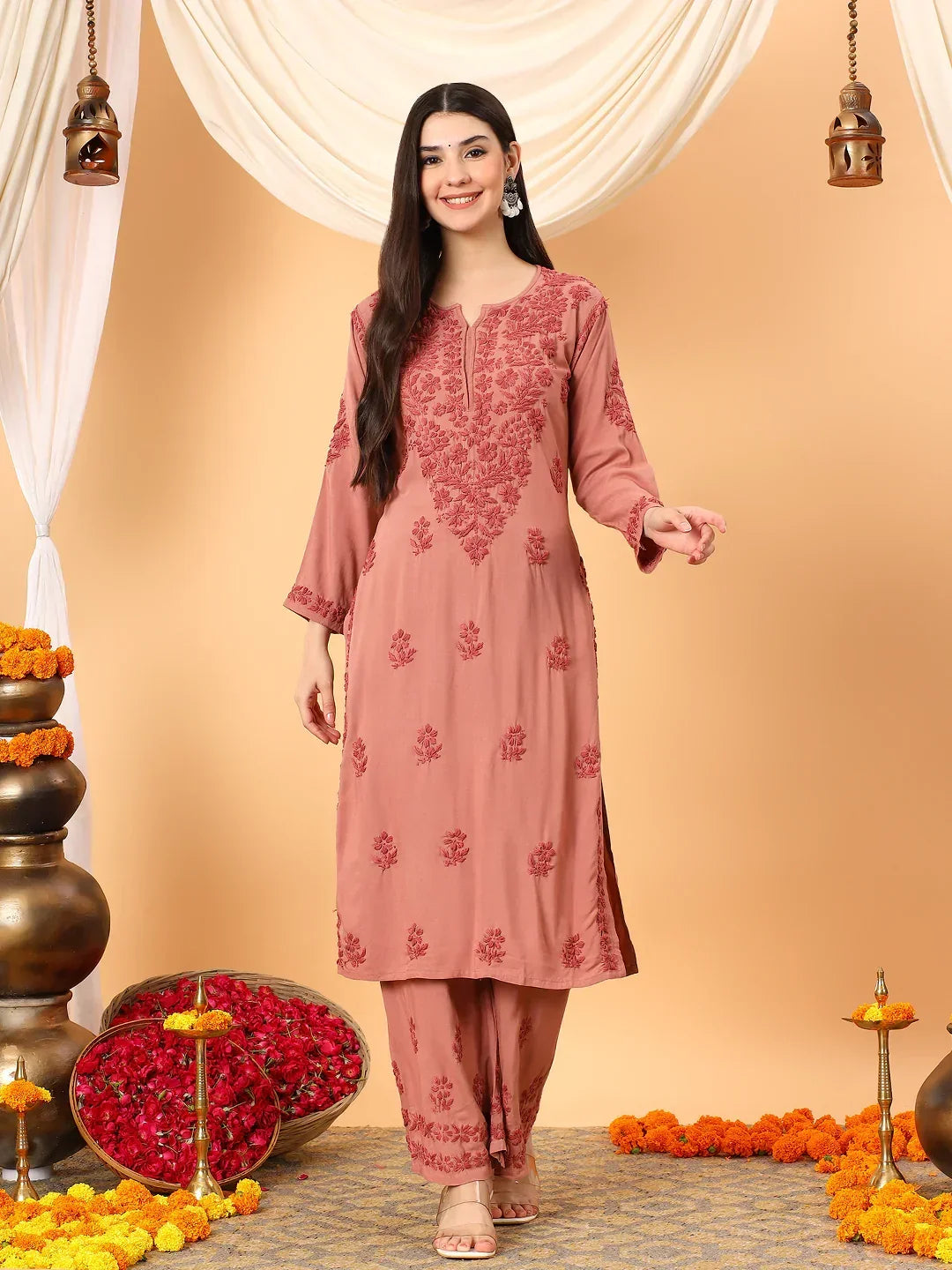 Faiza Chikankari Rayon Co-ord Set (Nude Coral)