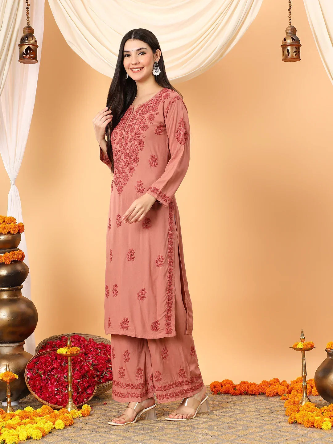 Faiza Chikankari Rayon Co-ord Set (Nude Coral)