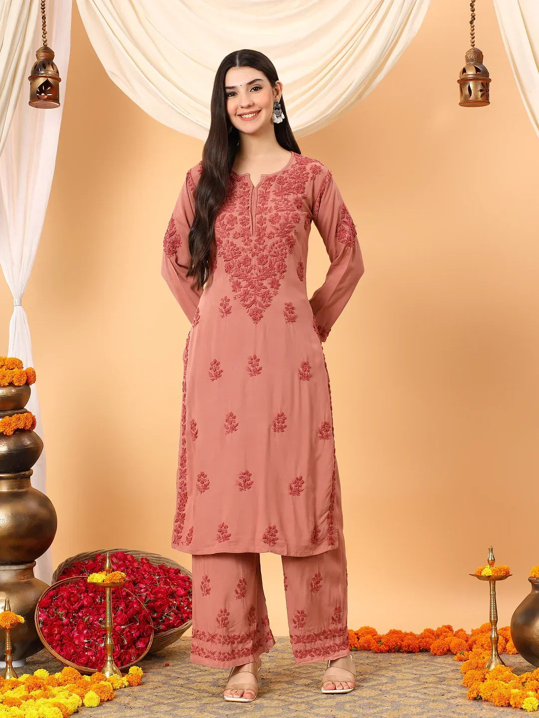 Faiza Chikankari Rayon Co-ord Set (Nude Coral)