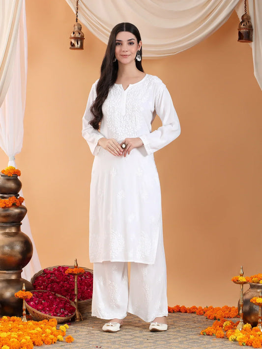 Maryam Chikankari Rayon Co-ord Set (White)