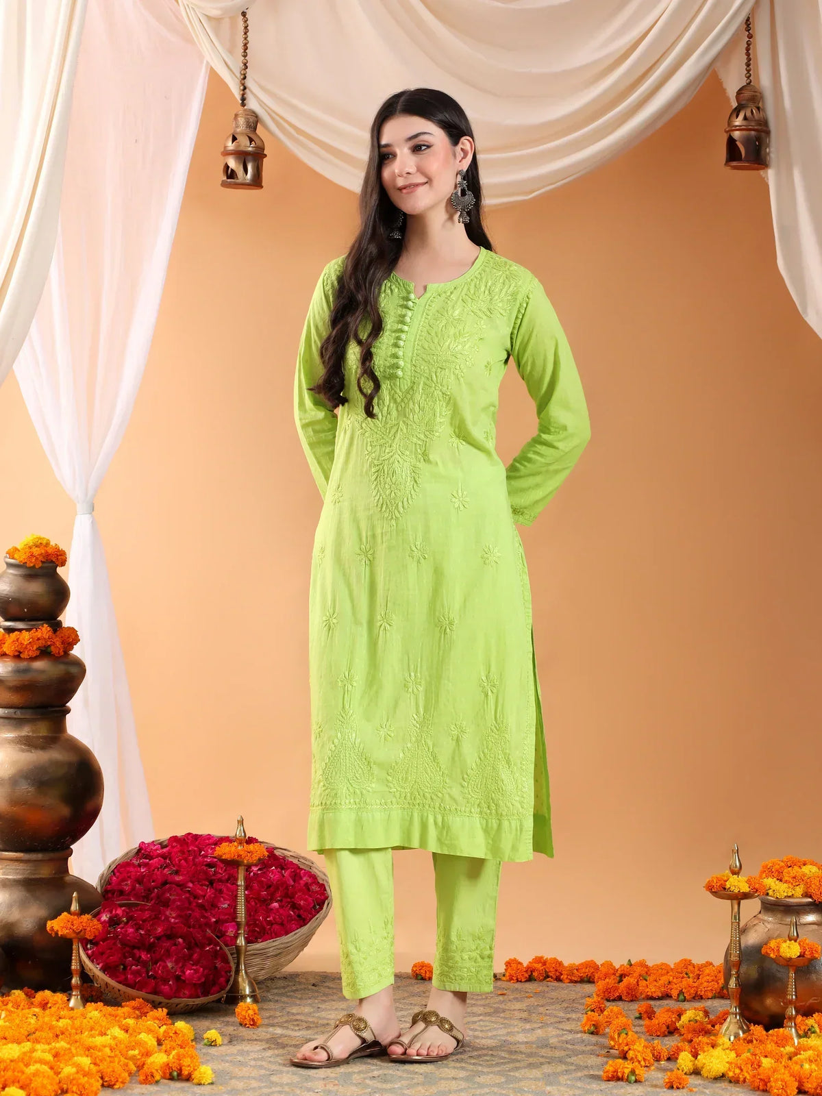 Ananya Chikankari Kurta Pant Cotton Co-ord Set (Parrot Green)
