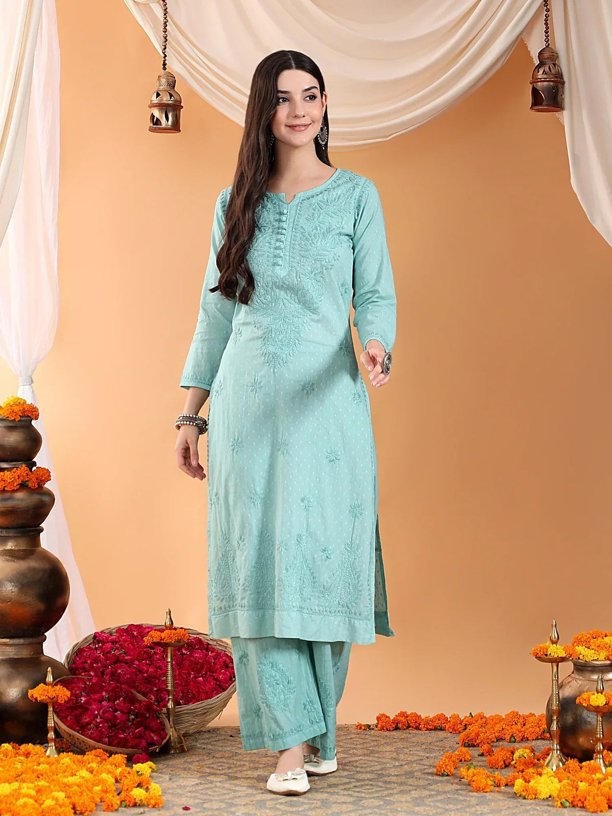 Priya Chikankari Kurta Palazzo Cotton Co-ord Set (Pastel Green)