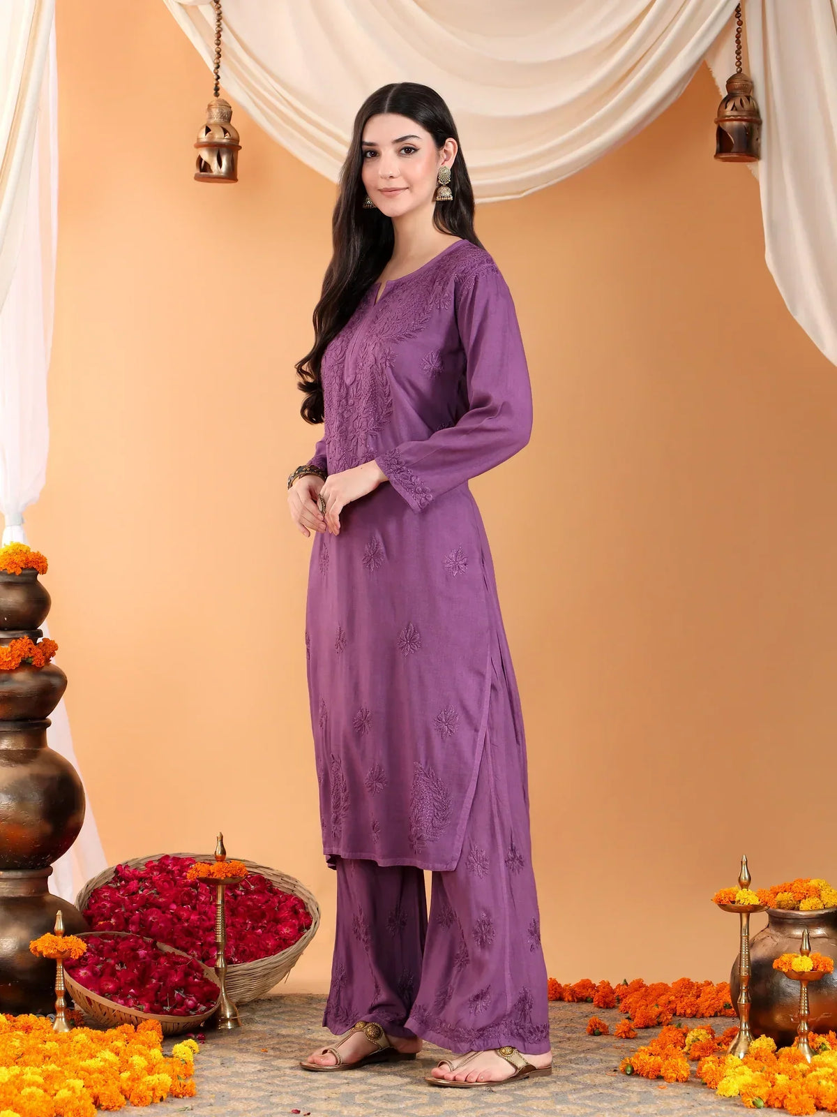 Maryam Chikankari Rayon Co-ord Set (Mauve)