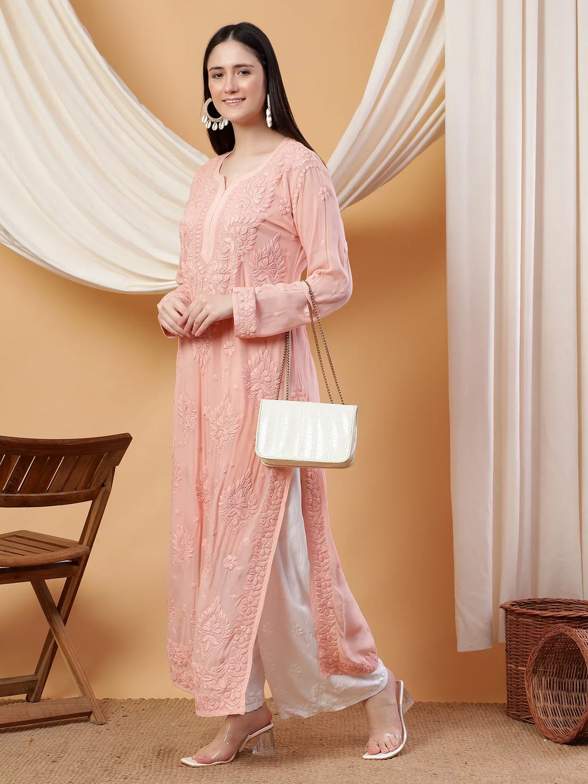 Dua Premium Viscose 3D Chikankari Straight Kurta (Beige)
