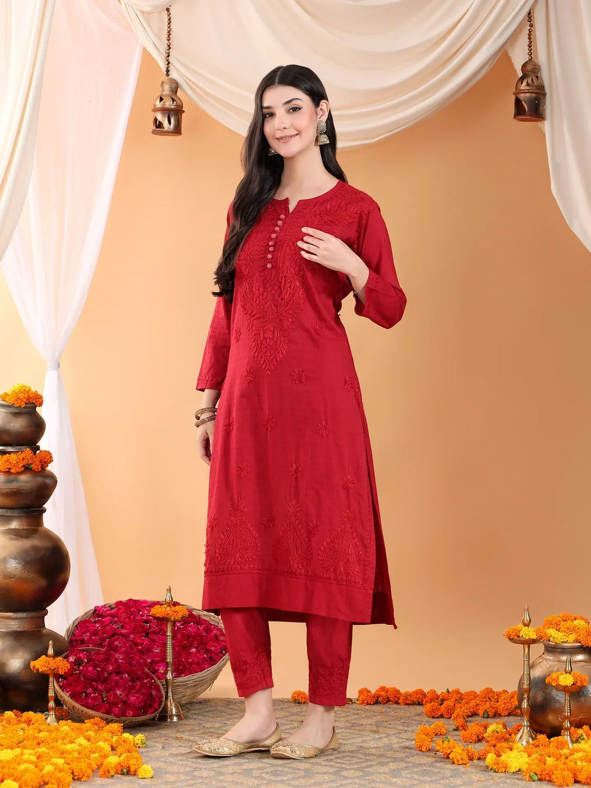 Ananya Chikankari Kurta Pant Cotton Co-ord Set (Maroon)