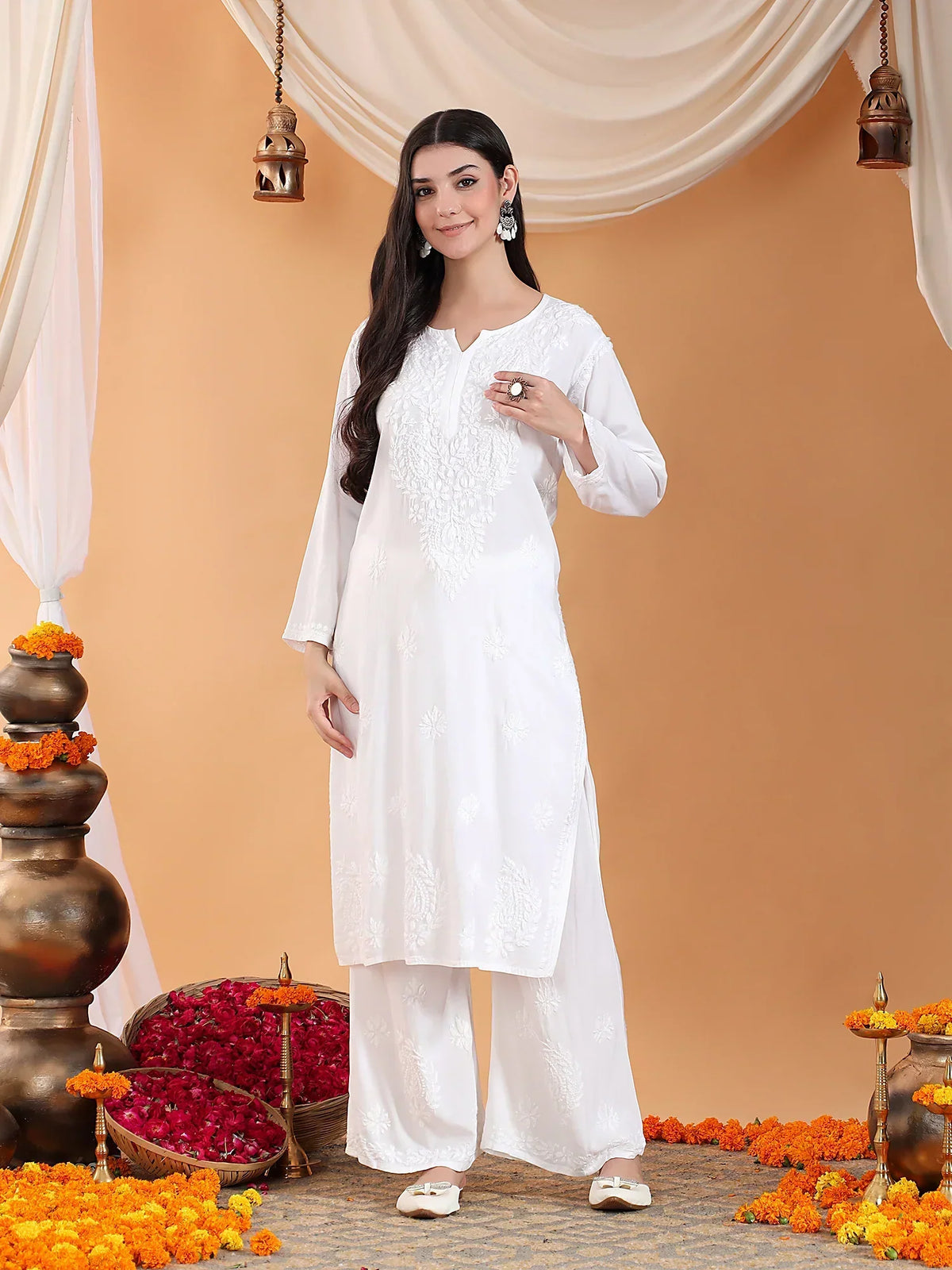 Maryam Chikankari Rayon Co-ord Set (White)