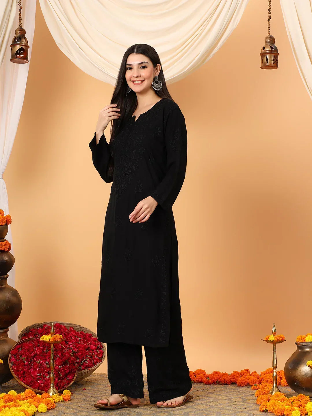 Faiza Chikankari Rayon Co-ord Set (Black)