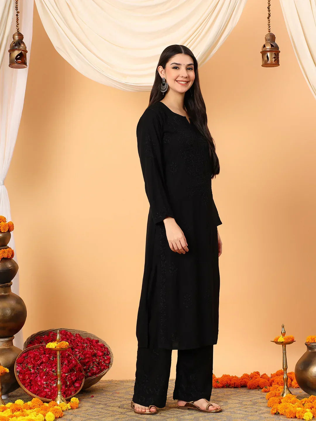 Faiza Chikankari Rayon Co-ord Set (Black)