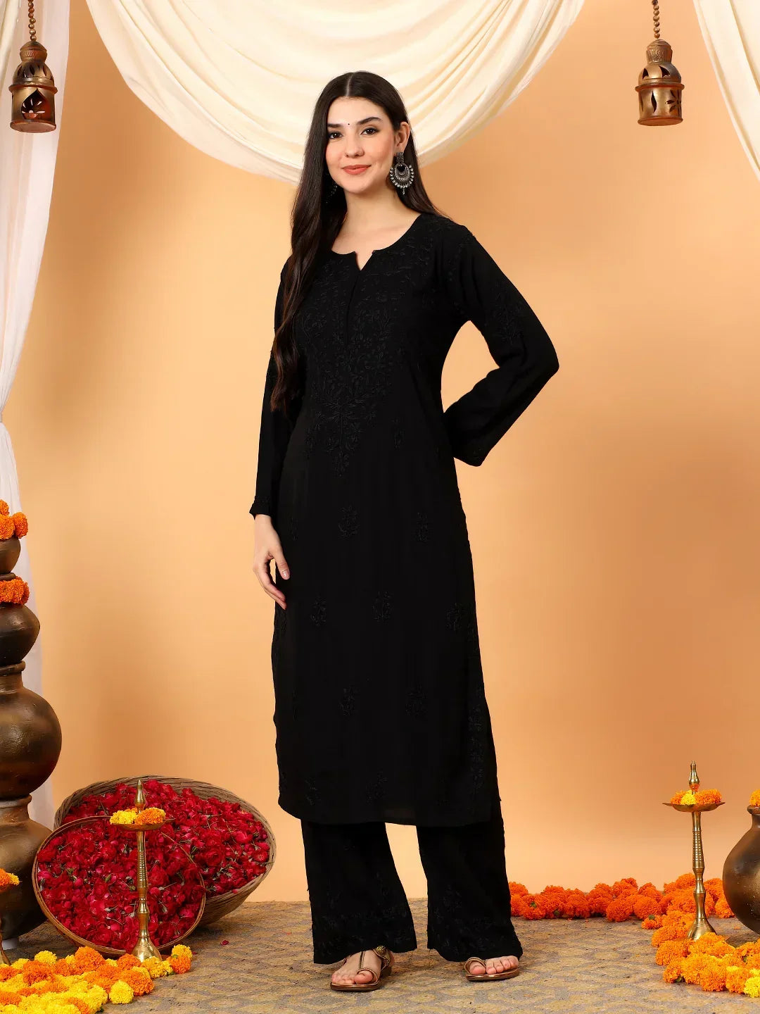Faiza Chikankari Rayon Co-ord Set (Black)