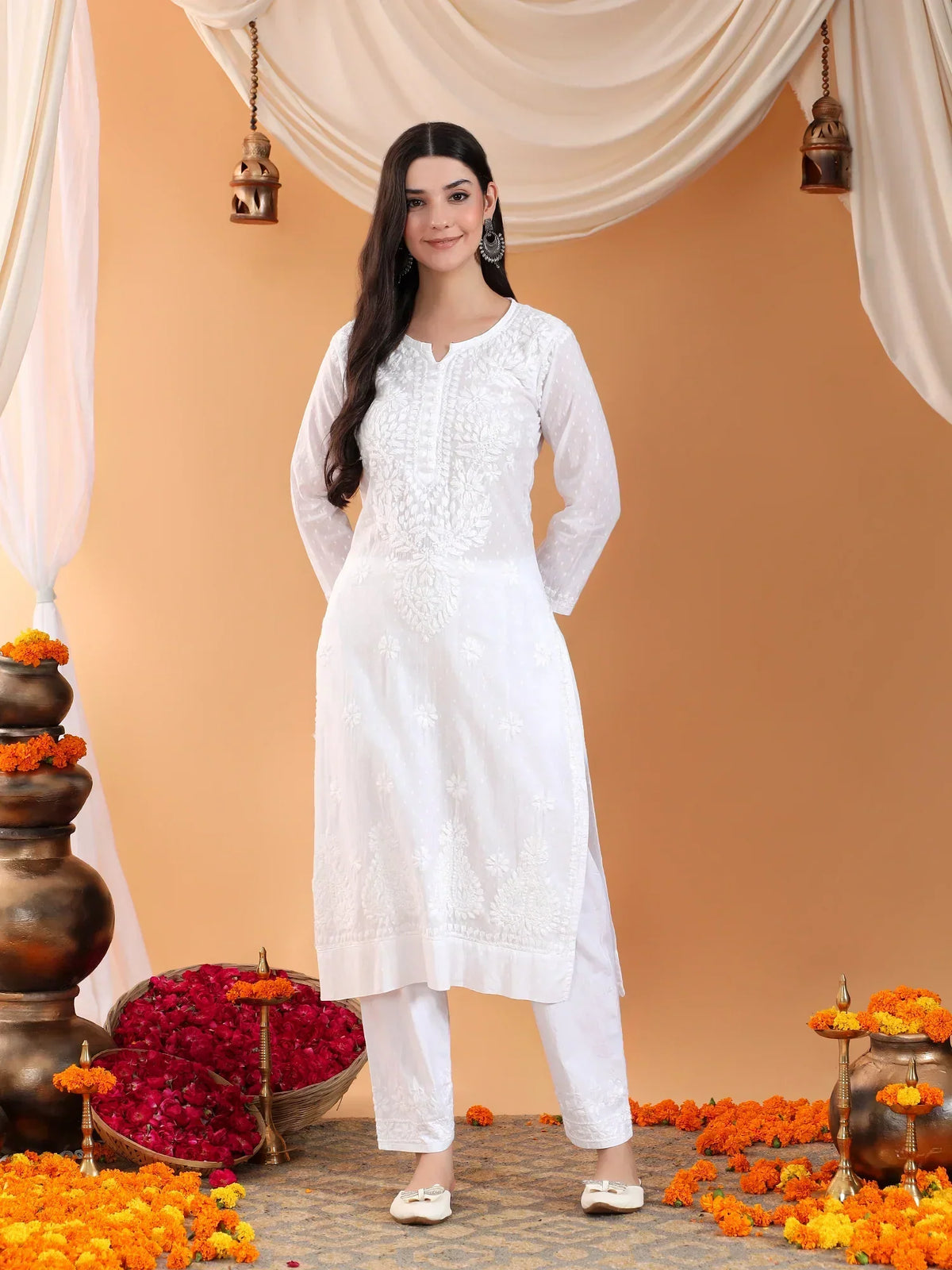 Ananya Chikankari Kurta Pant Cotton Co-ord Set (White)