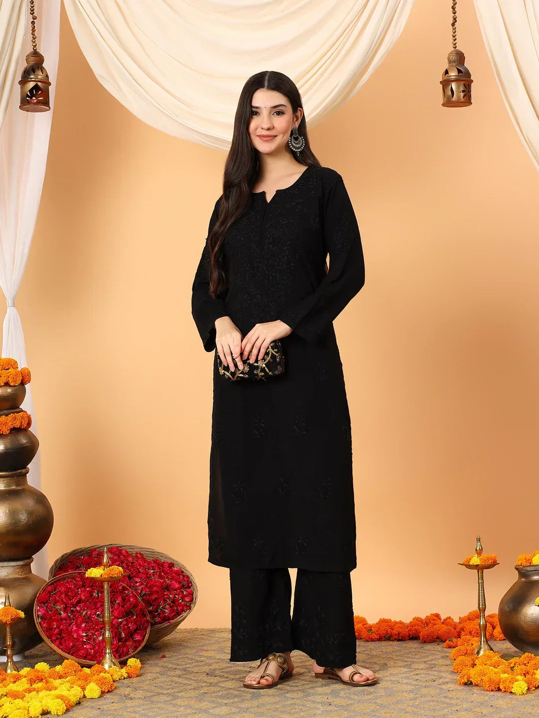 Faiza Chikankari Rayon Co-ord Set (Black)