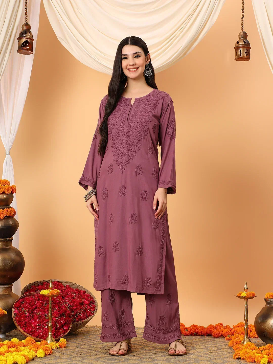 Faiza Chikankari Rayon Co-ord Set (Plum)
