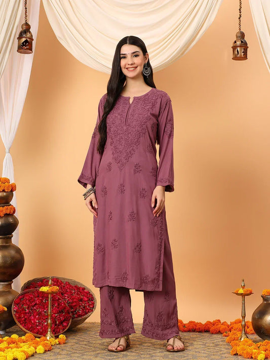 Faiza Chikankari Rayon Co-ord Set (Plum)