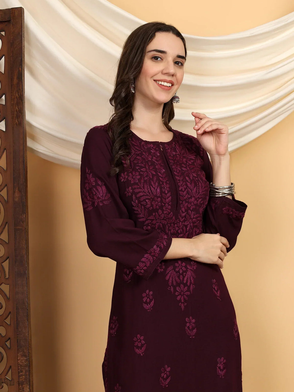 Faiza Chikankari Rayon Co-ord Set (Wine)