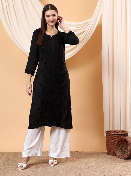 Alina Chikankari Modal Straight Kurta (Black)