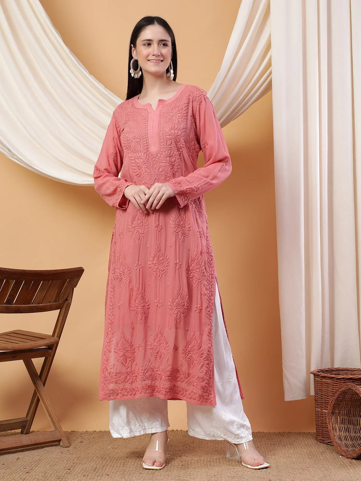 Dua Premium Viscose 3D Chikankari Straight Kurta (Rose gold)