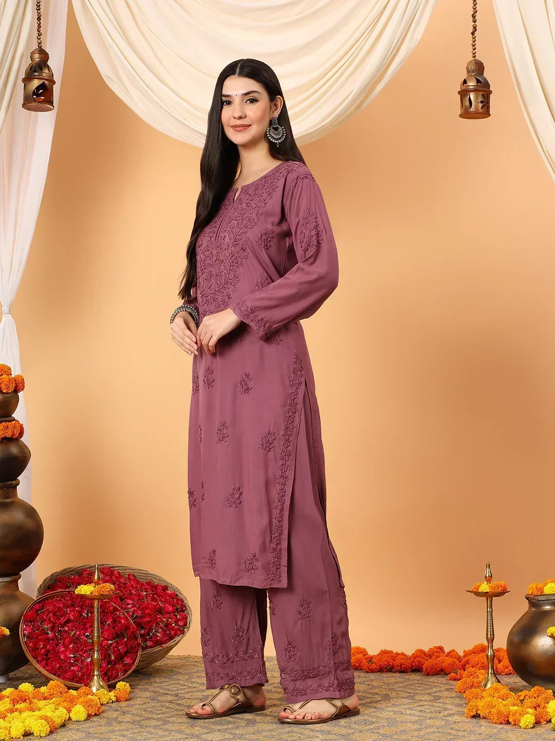 Faiza Chikankari Rayon Co-ord Set (Plum)
