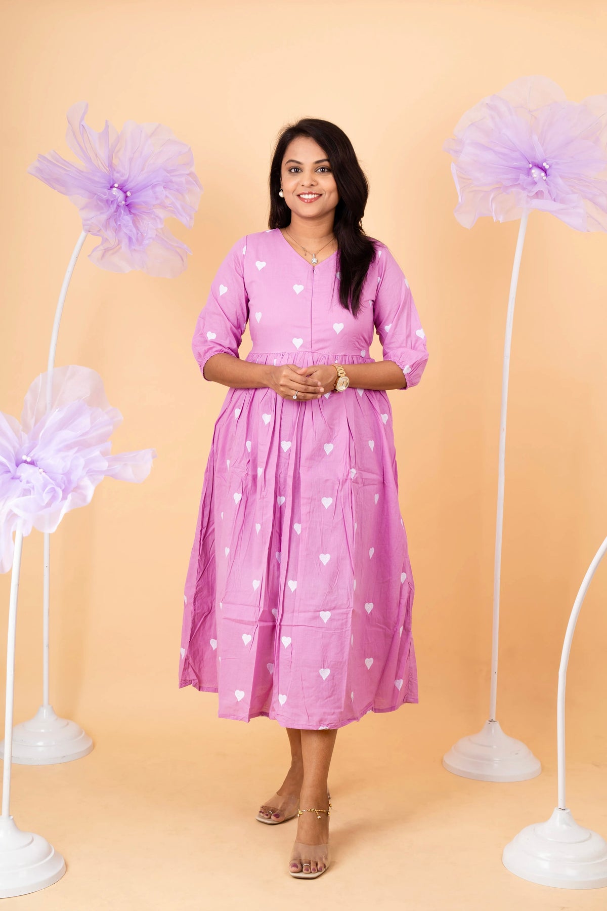 Lavender heart embroidered pure cotton casual  Dress With Lining