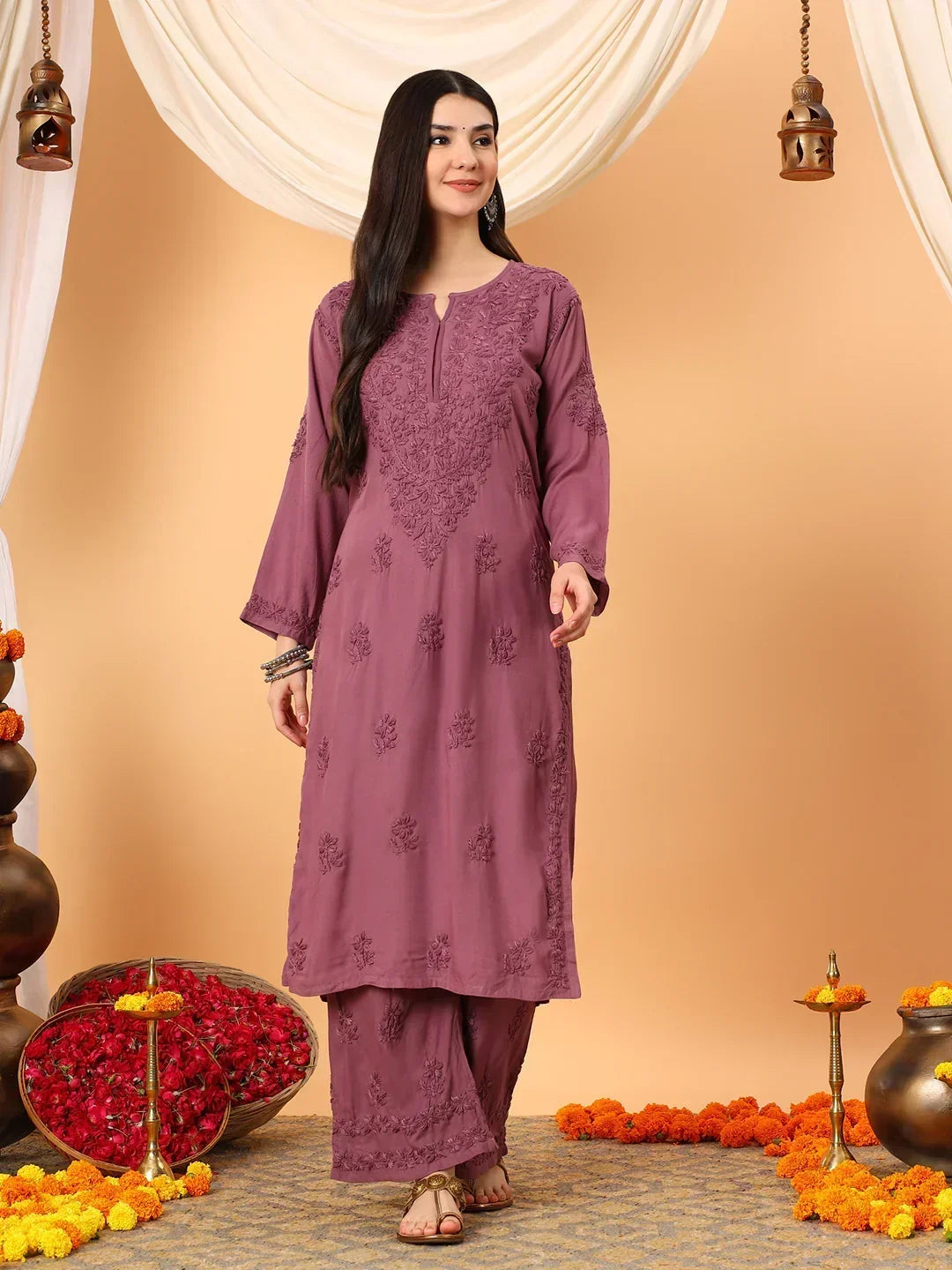 Faiza Chikankari Rayon Co-ord Set (Plum)