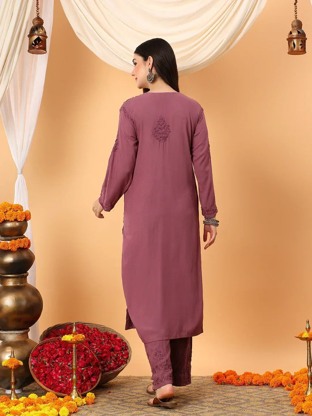 Faiza Chikankari Rayon Co-ord Set (Plum)
