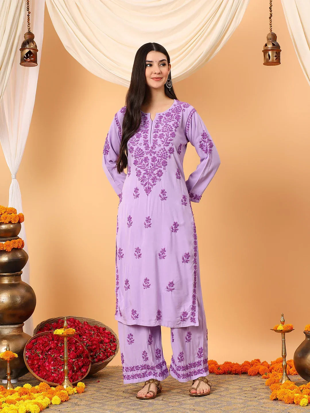 Faiza Chikankari Rayon Co-ord Set (Lavender)