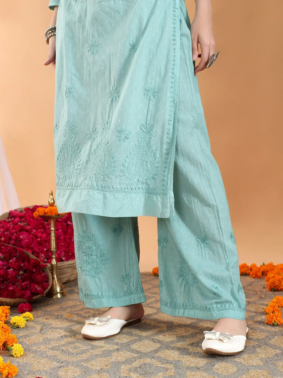 Priya Chikankari Kurta Palazzo Cotton Co-ord Set (Pastel Green)