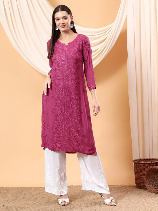 Alina Chikankari Modal Straight Kurta (Wine)
