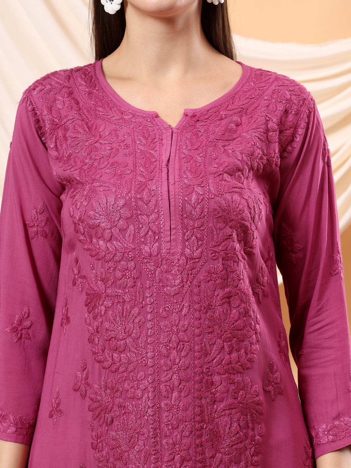 Alina Chikankari Modal Straight Kurta (Wine)