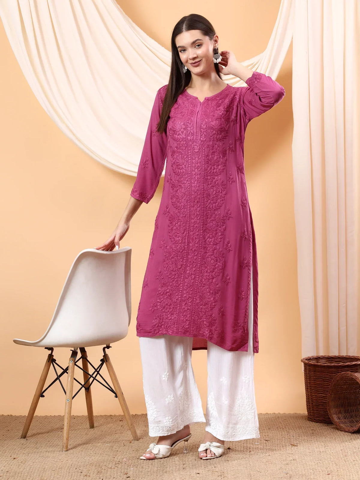 Alina Chikankari Modal Straight Kurta (Wine)