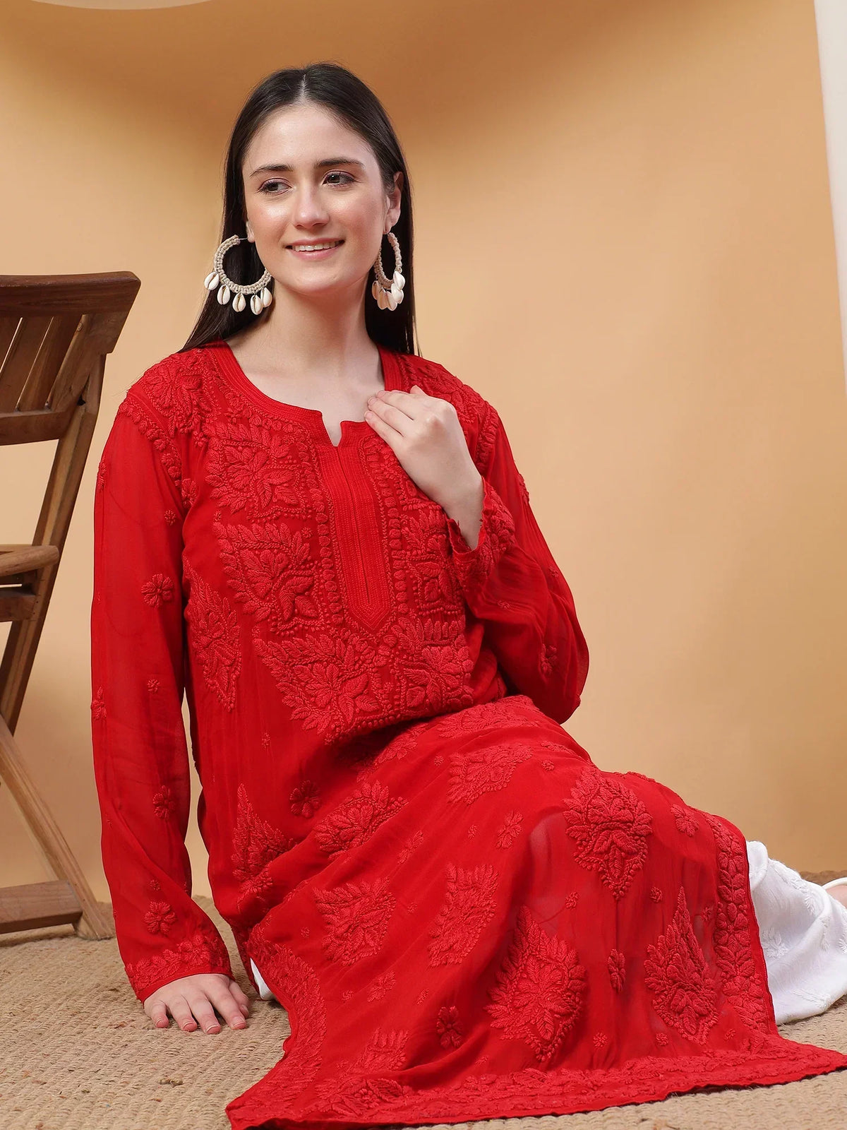Dua Premium Viscose 3D Chikankari Straight Kurta (Red)