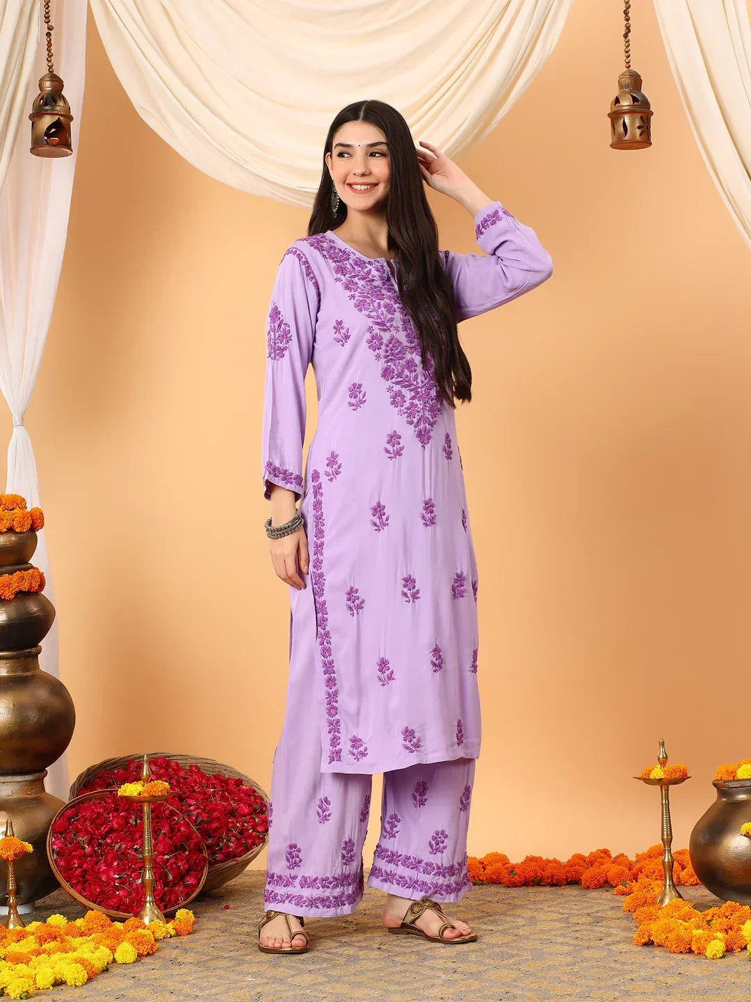 Faiza Chikankari Rayon Co-ord Set (Lavender)